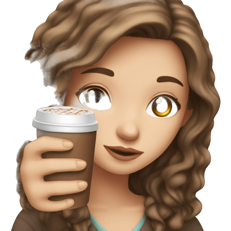 white girl with brown long hair and a hot chocolate emoji