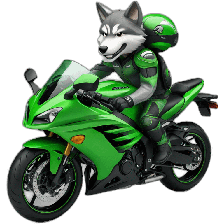 Gray wolf is riding on green Kawasaki ninja emoji