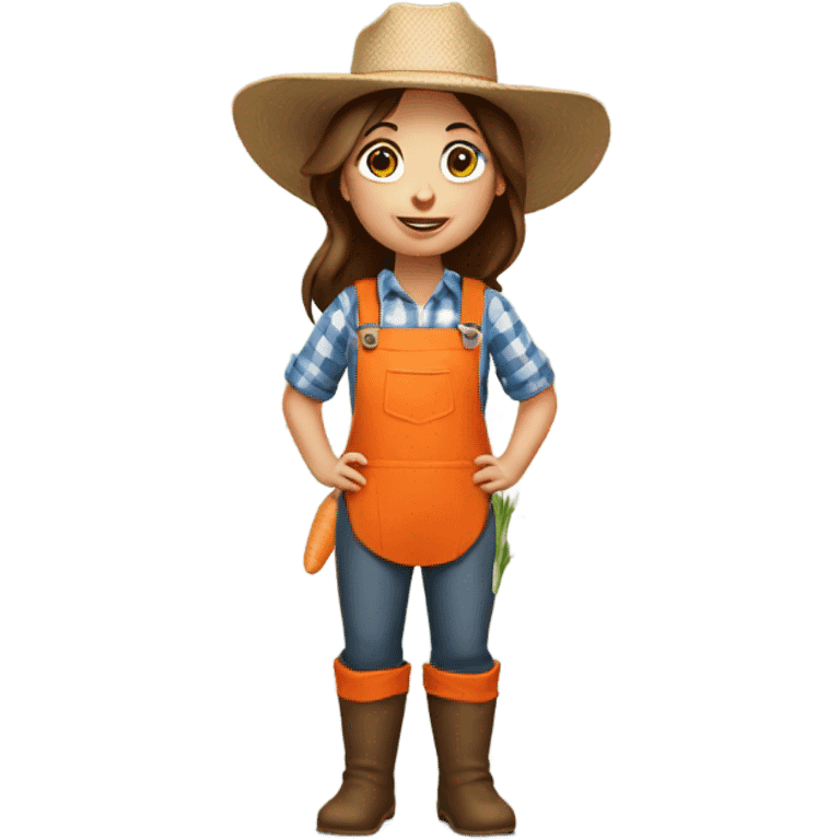 full body farmer girl holding carrots, brown hair emoji