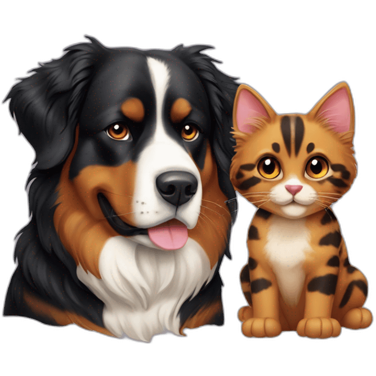 A Bernese dog beside A tortoiseshell cat without white emoji