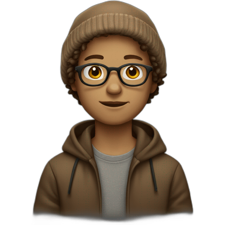 dutch boy wearing a dark-brown beanie, round glasses, dark-blonde curly hair, light-brown hoodie emoji