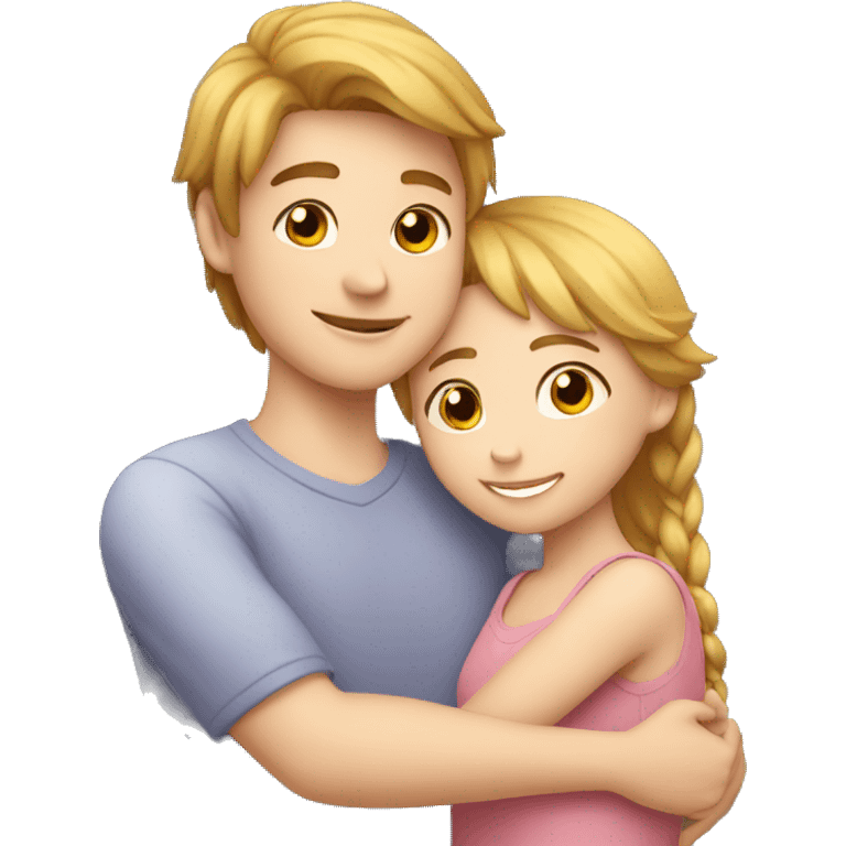 Young man and girl hugs with heart white skin emoji