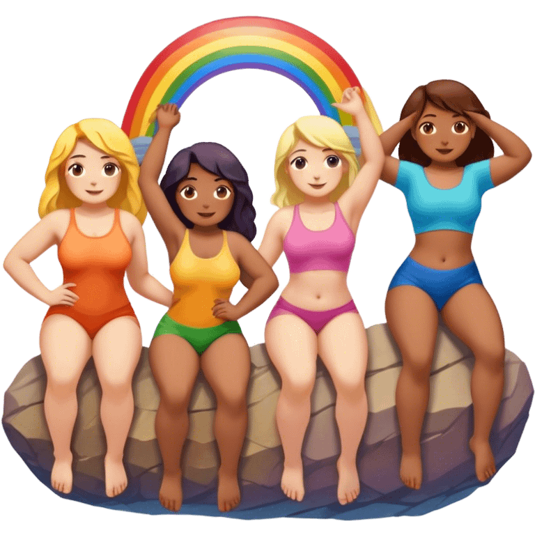 three women of different body types forming human chain, climbing rainbow-colored rock holds emoji