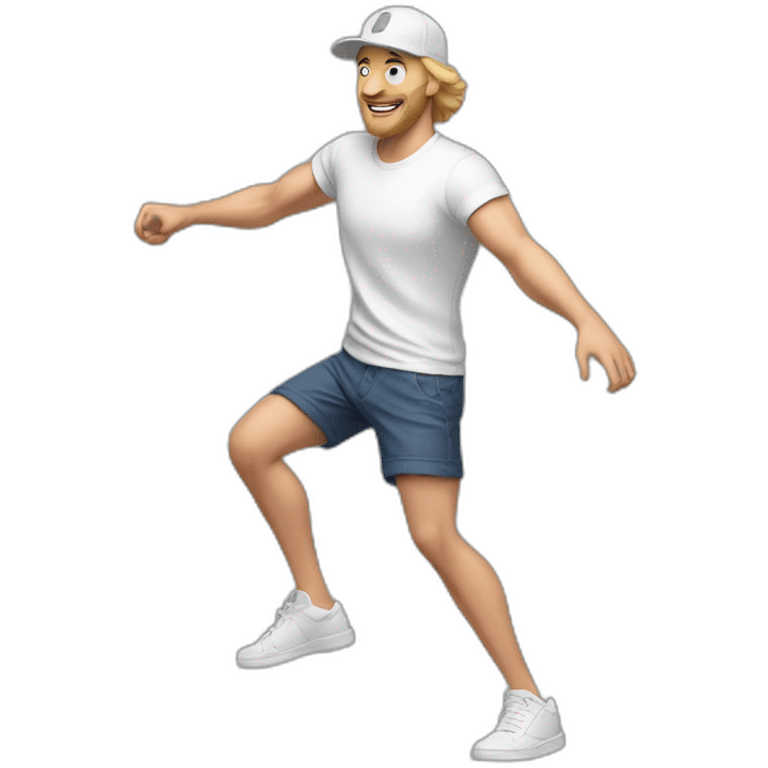 white man, t-shirt, cap and short shorts, dancing emoji