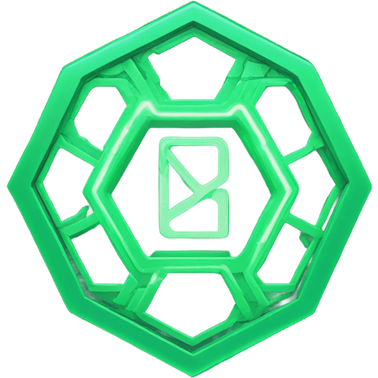 “A glowing green, futuristic-looking icon, resembling a stylized hexagon with circuit-like patterns, set against a dark background.” emoji