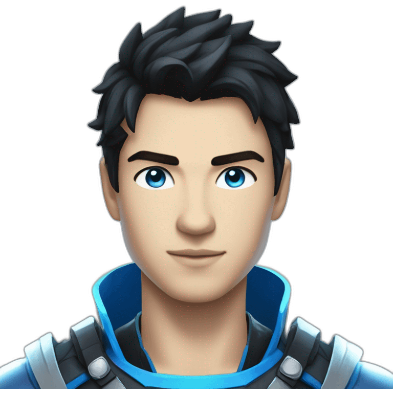 22 years old boy with black medium hair, blue light armor, bright and light blue eyes and lightning super powers emoji