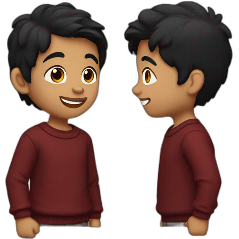 light skin smiling indian kid with black hair wearing a dark red sweater pointing emoji