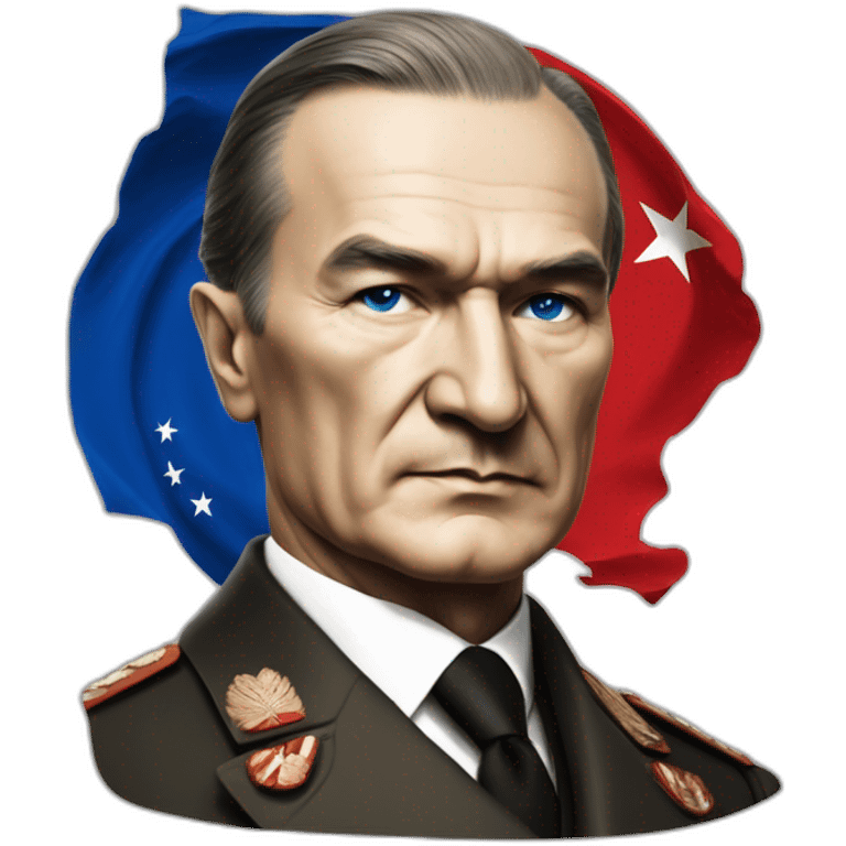 a portrait of mustafa kemal ataturk with blue eyes looking at turkey flag emoji