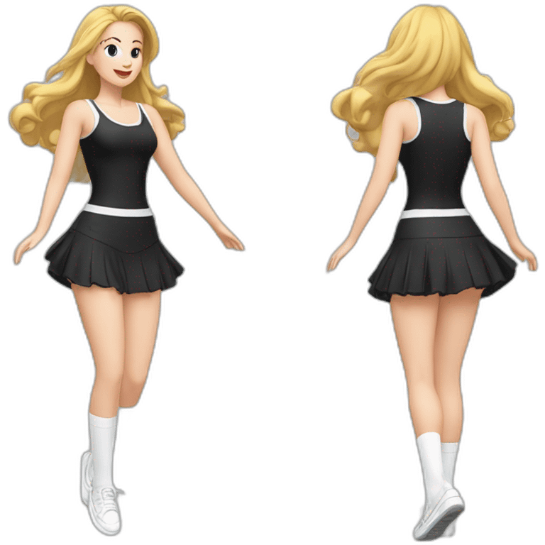 full-body-caucasian-curvy-beauty-jumping-short-black-skirt-back-and-front-views-strong-wind-white knickers-long-white-socks emoji