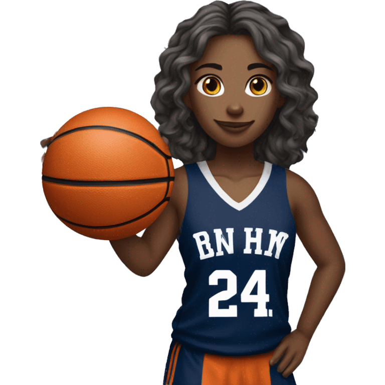  wavy soft hair female player wearing navy blue basketball jersey that has the number 24 & holding a basketball emoji