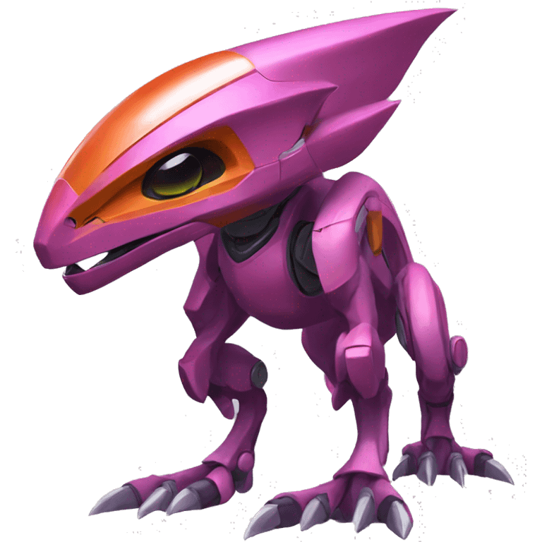 a Genesect-Raptor-Fakémon—hybrid with a futuristic visor-helmet full body emoji