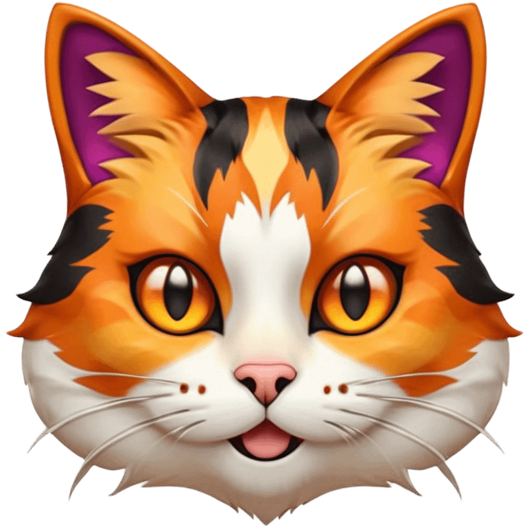 Cinematic Comical Calico Cat Portrait Emoji, Head tilted dramatically with an exaggeratedly surprised expression, showcasing a vibrant patchwork fur of orange, black, and white with wide, comically expressive eyes, simplified yet hilariously detailed, glowing with a sassy, golden radiance, high shine, exuding playful mischief and cheeky feline attitude, styled with a soft glowing outline, capturing the essence of a calico cat that looks ready to leap off the screen with mischievous flair! emoji