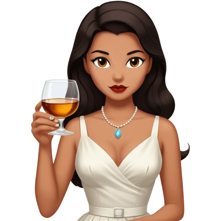 Beautiful woman in 1950’s woman fashion look, white dress, long dark brown hair, whisky with ice, black cat emoji