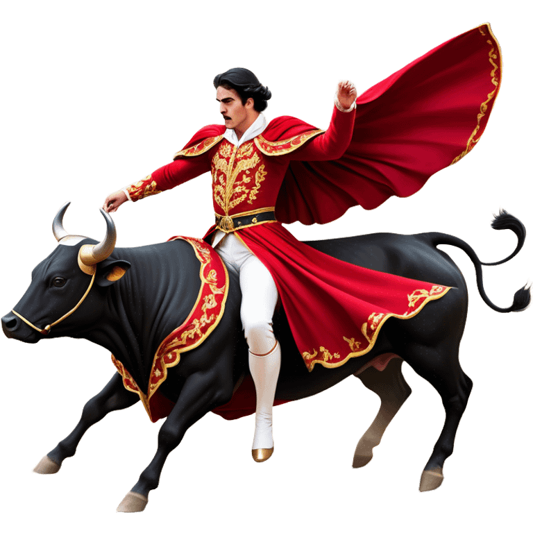 ​Cinematic Realistic Spanish Matador in Action, depicted in an ornate traje de luces with a flowing red cape, captured in the dramatic moment of confronting a charging bull in a traditional bullring, rendered with dynamic motion and dramatic lighting that encapsulates the intensity and artistry of the spectacle, emoji