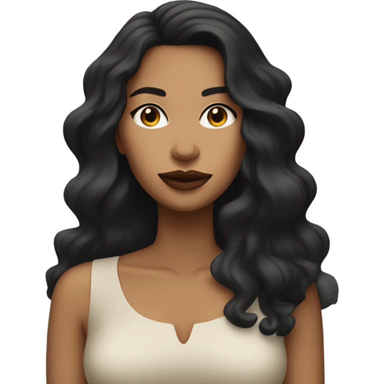 Tan woman with long wavy black hair and lips in straight expression  emoji