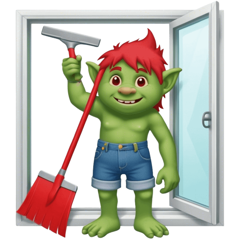 Troll wearing jorts cleaning a window using red squeegee emoji