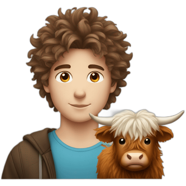 white brunette boy with fluffy hair with fluffy highland cow emoji