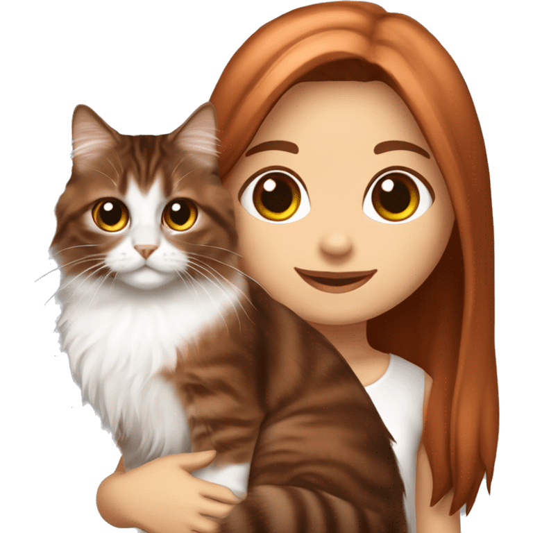 Copper red straight long haired dark brown eyed girl holding tabby and white Siberian cat emoji