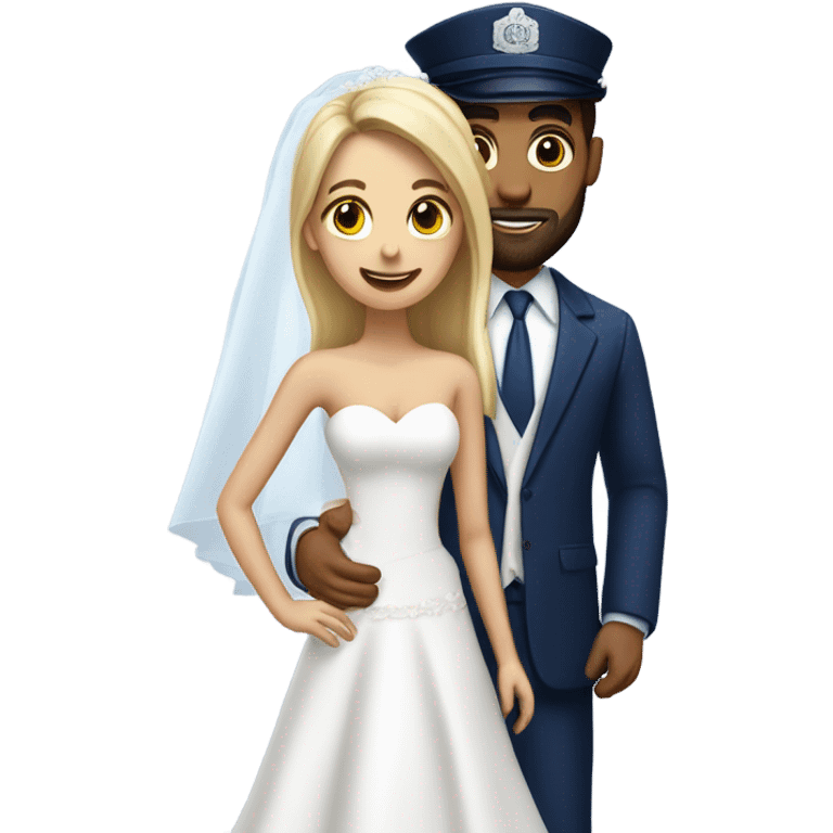 Puerto rican beard short hair with blue hat and navy blue suit getting Married with blond long hair girl with white  wedding dress  emoji