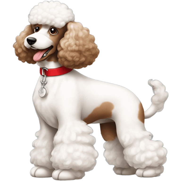 Dog poodle white and brown sitting with red collar  emoji