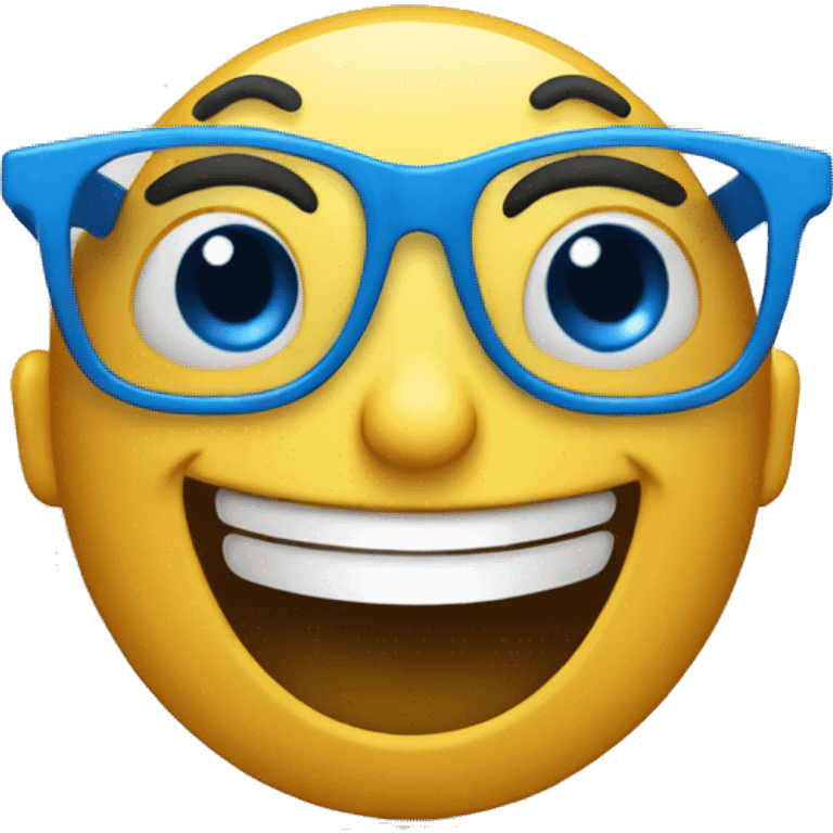 An emoji which has bue eyes and wears blue glasses and is laughing  emoji