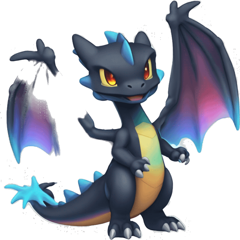 Black shiny chibi Mega-Charizard-X-Raptor-Fakémon with nebula-gradient colors full body emoji