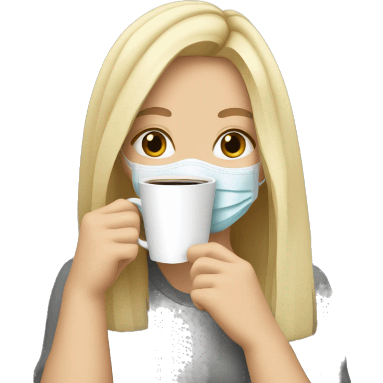 Blonde girl wearing α face mask and holding α coffee emoji