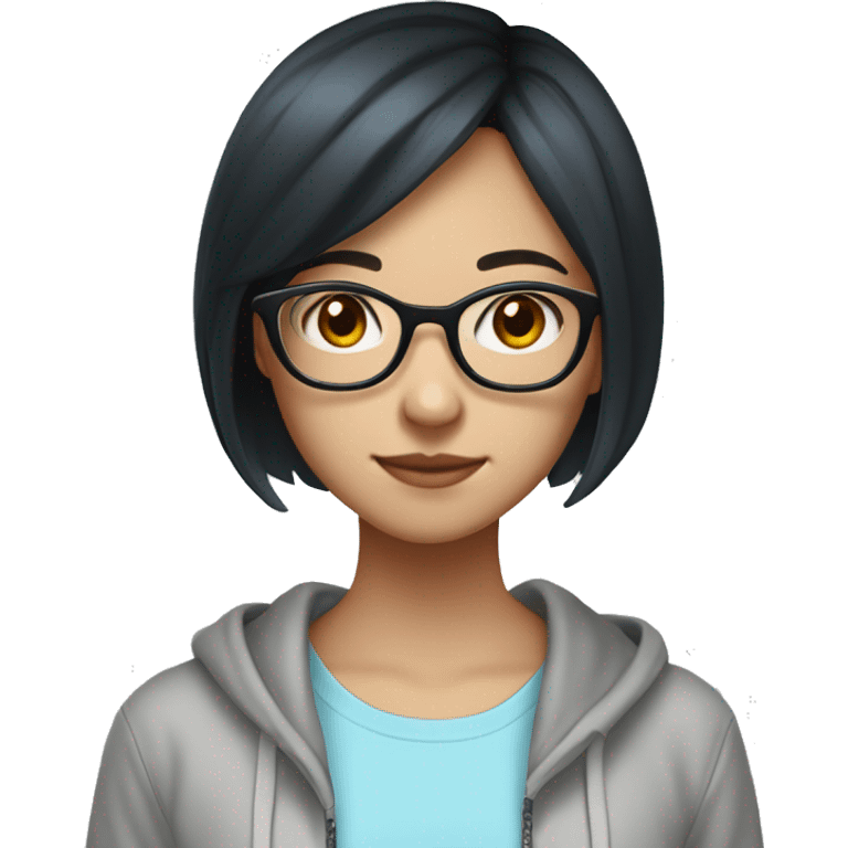 Chinese girl, 19 years old, black hair, bob cut, wearing white tank top with a light blue zip-hoodie on top, has glasses on emoji