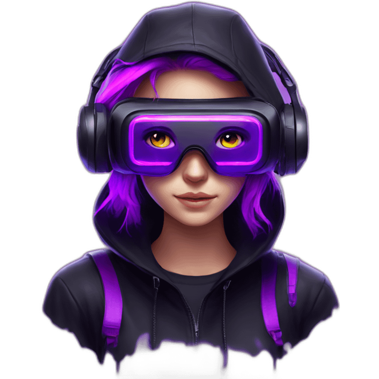 Russian student in the black hoody with violet letters "OMG VR" on it wearing vr headset. Cyberpunk style. Violet neon. emoji