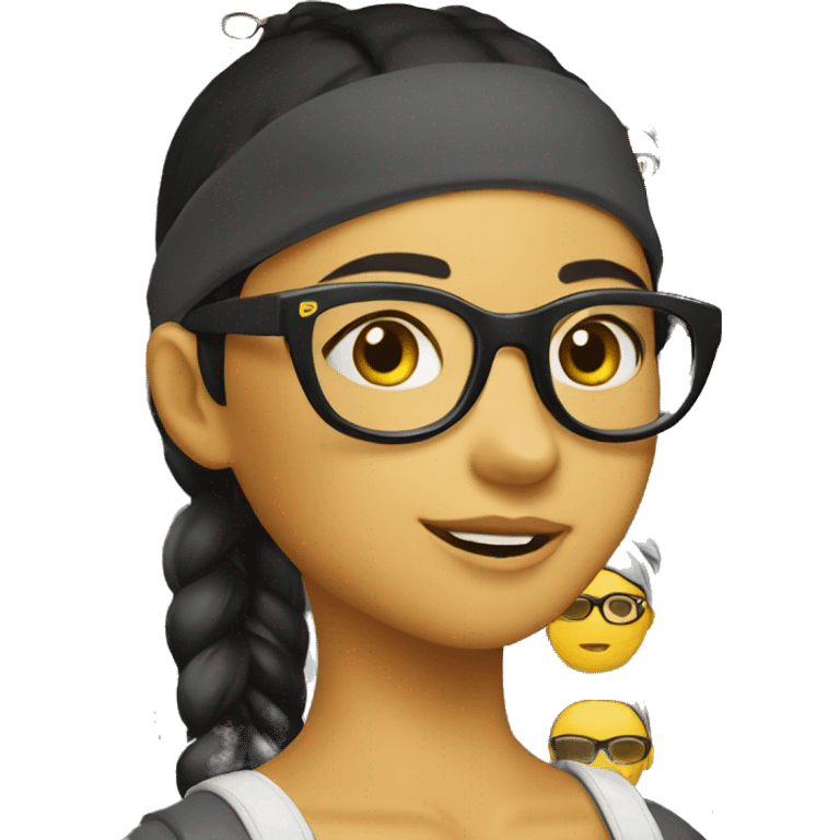 girl in a ponytail (black colour hair) wearing a cap with glasses that are fitted with dark yellow lenses. Emphasise the yellow lenses. Change the skin of the person to a biege colour emoji