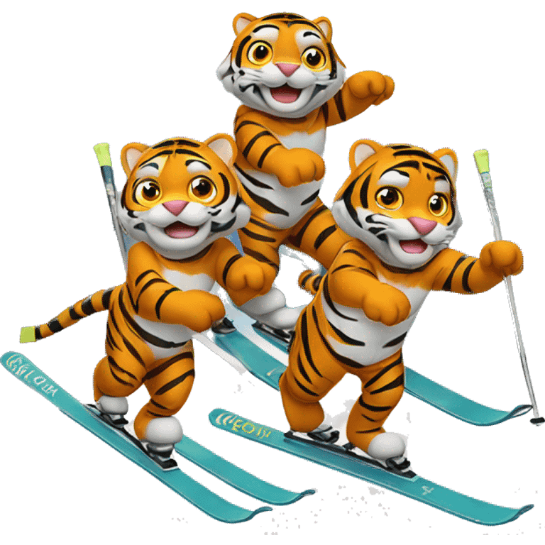 three tigers on skis on a slalom emoji