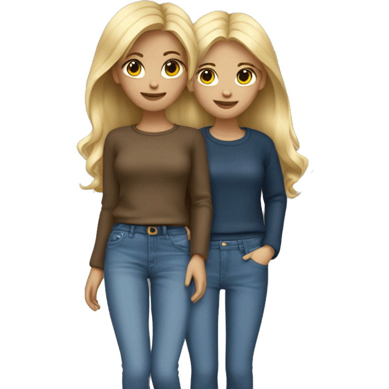 Two girls with jeans and pullover blonde and brown emoji