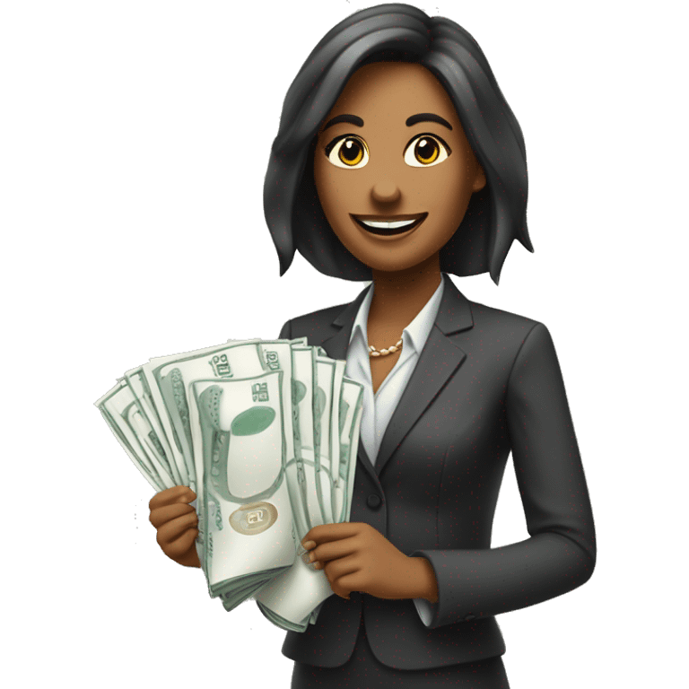 business woman with a piece of paper in the right hand and money in the left. Holding hands up and smiling. emoji