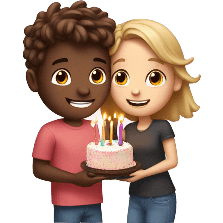 Boy and girl best friends hugging around birthday cake with 23 candles  emoji