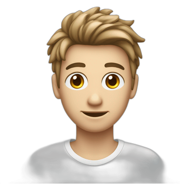 jovem homem branco, loiro, com cabelos curtos e olhos azuis, segurando um iphone e com um quadro branco ao fundo. emoji