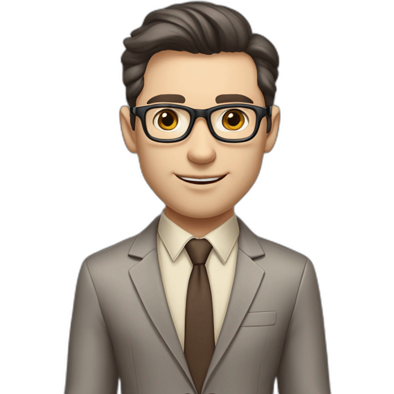 Pale skinned fit man with dark brown hair in gray jacket, beige office shirt, brown tie, brown pants and vintage glasses Writing on the marker board emoji