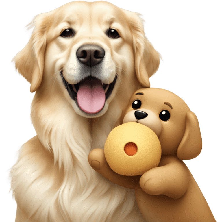 English cream golden retriever holding bear toy in mouth emoji