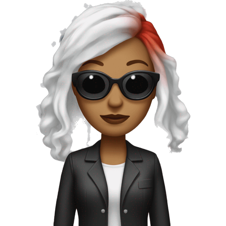 white and red hair. She wears American black work clothes, with white stars on her hair and an American flag in her hair. She is in her office in real life. She wears sunglasses.  emoji