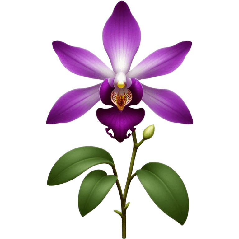 Cinematic Realistic Orchid Emoji, Exotic and elegant, with intricate, velvety petals in deep purple and white, forming a delicate and symmetrical blossom. The slender green stem holds the flower high, while surrounding leaves add lush contrast. Soft glowing outline, capturing the essence of rare beauty and sophistication in a captivating orchid. emoji