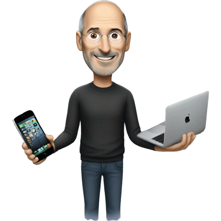 Steve Jobs holding an iPhone and a Macbook happy emoji