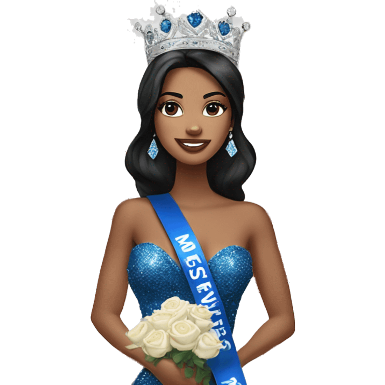 Beauty queen with Caucasian skin and dark hair, wearing Miss Massachusetts sash and wearing a crown and blue sparkly dress holding red roses emoji