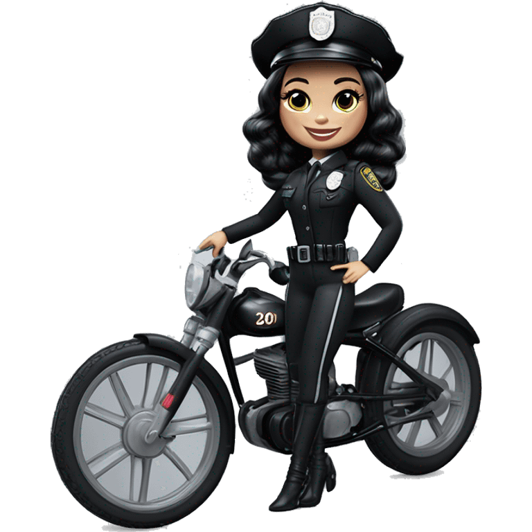 Bouclé Beauty Barbie, Wednesday Addams from academy, in vertically-striped dark-gray and black police officer’s uniform with small hat. Leaning back at the hips, riding a wheelie on a hot rod bike smiling  emoji