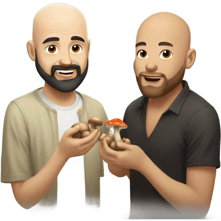 Bald bearded white man and wavy black haired Asian man eating mushrooms emoji