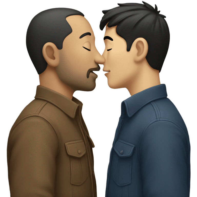 Two men kissing each other , one white with dark hair one Chinese,  emoji