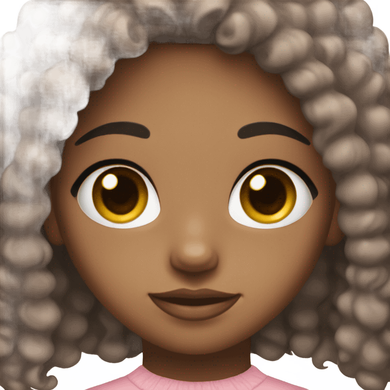 Girl with brown eyes, dark skin, and long black curly hair wearing light pink emoji