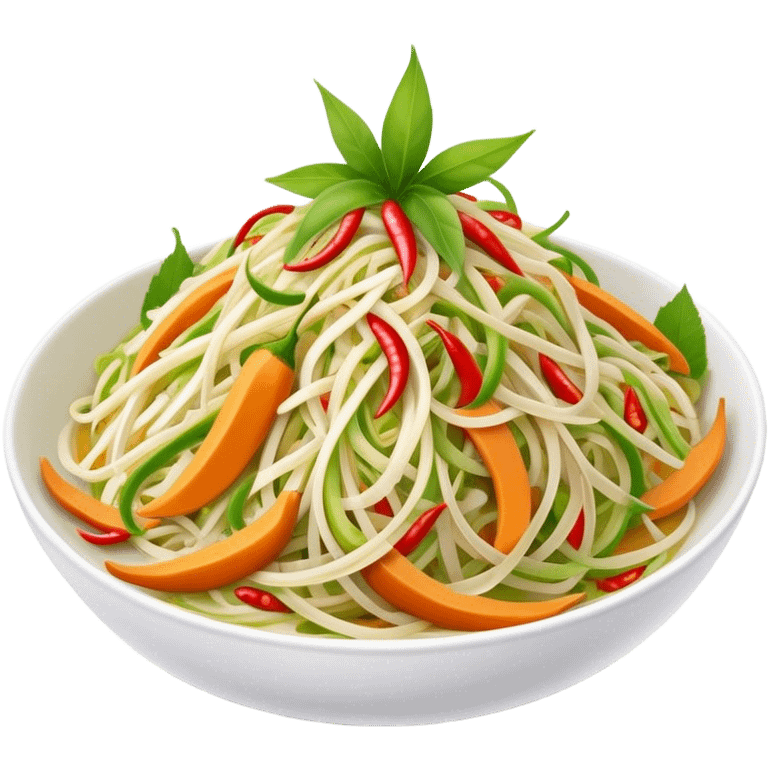 Cinematic Realistic Som Tam (Papaya Salad) Dish Emoji, featuring a spicy, tangy salad of shredded green papaya with chili and lime rendered with crisp textures and bright, lively lighting. emoji