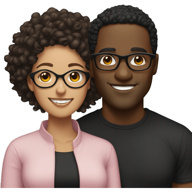 Black man, smiling, curly black hair, with black shirt and light skinned woman, curly bun, smiling, light pink shirt, black glasses emoji