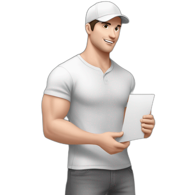 Pale skinned fit Man with dark brown hair in a white cap, gray jeans and dark gray polo T-shirt keeping a pasted with tape white box into his hands emoji