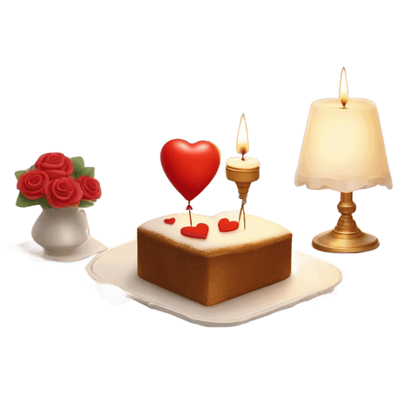 pink romantic party setting for two people and heart balloon  table with white cloth and candle with bows on the table and white Korean cake emoji