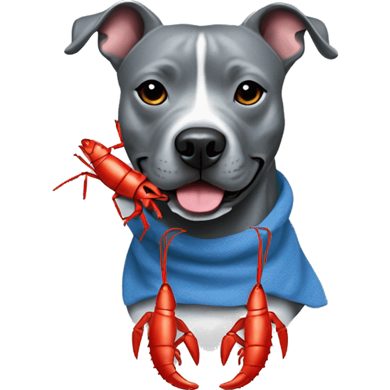 Blueish gray Staffy with a red lobster toy  emoji